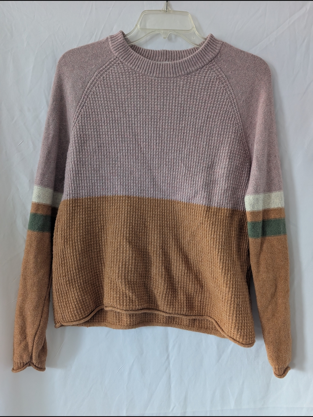 Madewell Two-Tone Crewneck Sweater in Dusty Pink and Camel with Green Stripe